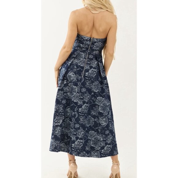 Baltic Born Women’s Jacquard Blue Denim Strapless Belted Printed Dress Size L - Picture 2 of 14